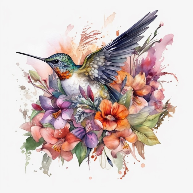 hummingbird with flowers and leaves on a white background generative ai