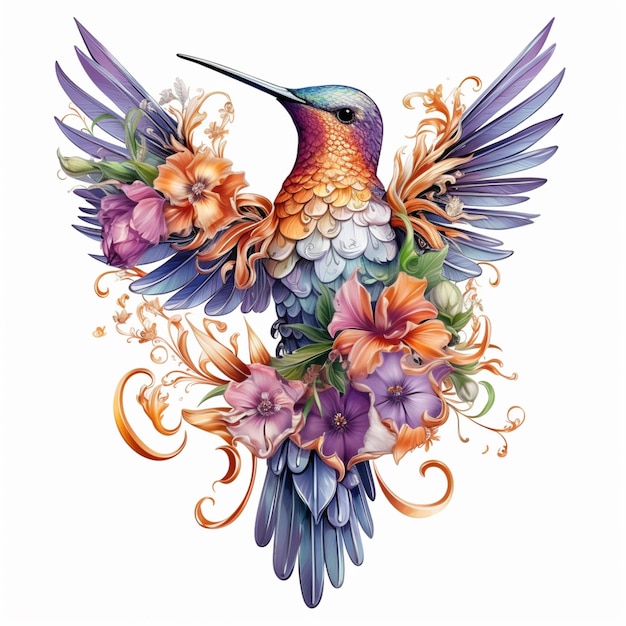 Hummingbird with flowers and vines on a white background generative ai