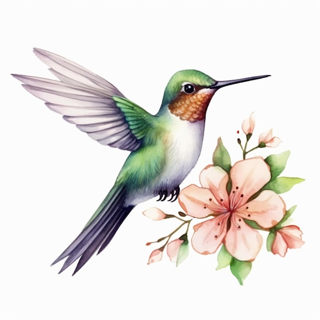 hummingbird with flowers on a white background generative ai