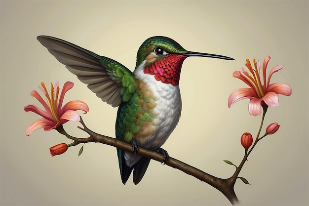 Photo a hummingbird with a green beak sits on a branch with flowers