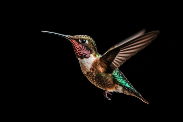 A hummingbird with green, gold, and black feathers is flying.