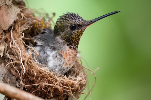 Hummingbird with its beak open feeding the hatchlings created with generative ai