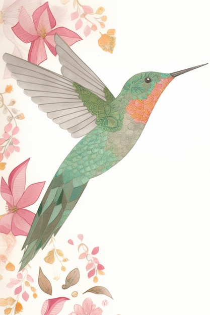 A hummingbird with a pink background and a green and yellow wings.