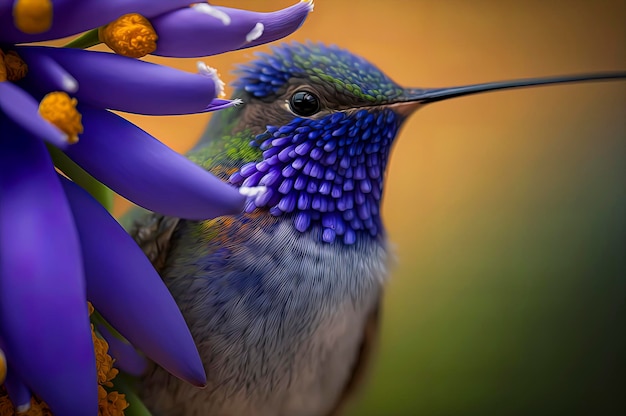 Hummingbird with a purple flower in its beak