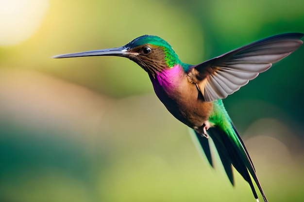 A hummingbird with a purple and green head and neck is flying in the air.