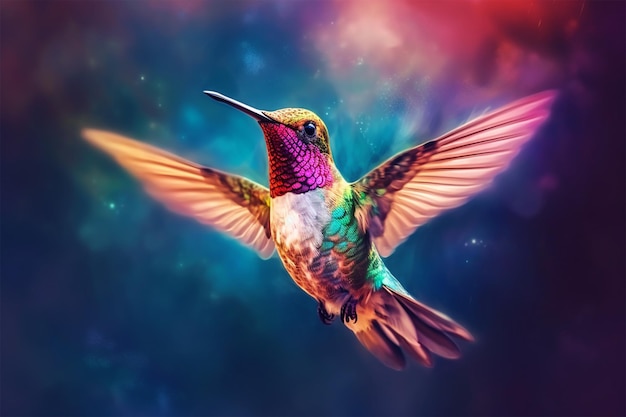 A hummingbird with purple and green wings is flying in the sky.