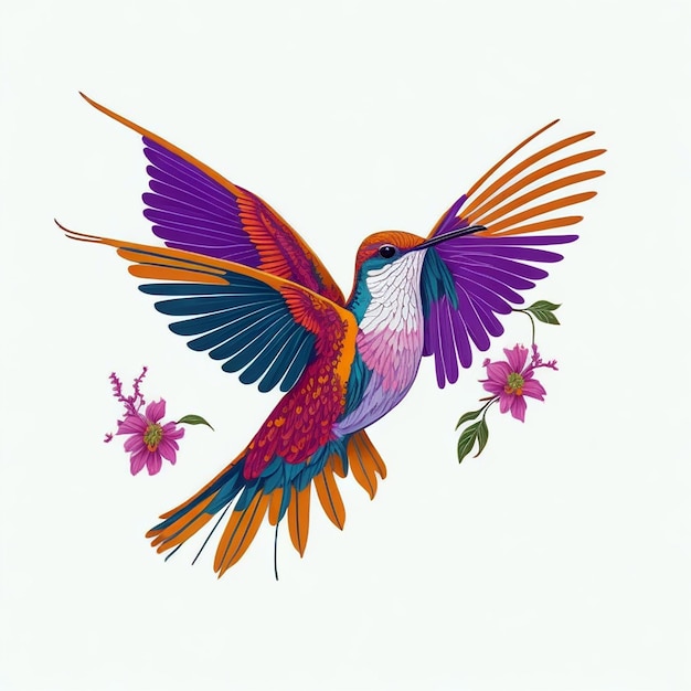 A hummingbird with purple, orange, and blue wings is flying in front of a flower.