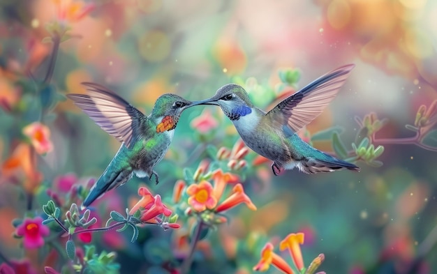 Hummingbirdgenooten feesten met nectar te midden van levendige bloemen