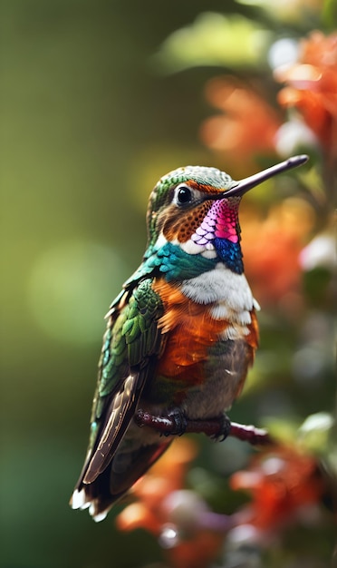 Un uccello simile a un colibrì appoggiato su un ramo accanto ai fiori