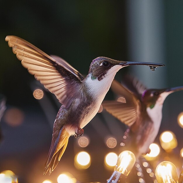 Photo hummingbirds are flying over a light that is lit up