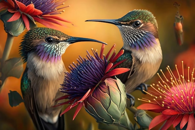 Hummingbirds on flower Close Up