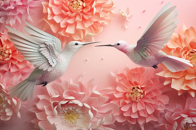 Hummingbirds and flowers on pink background