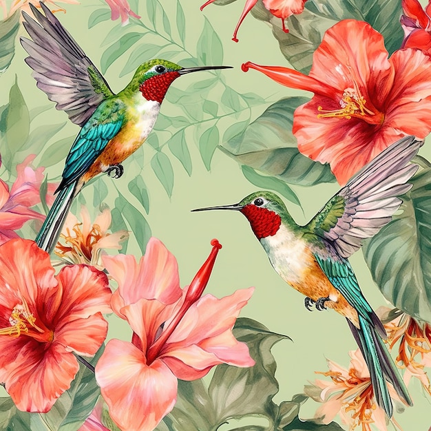 Hummingbirds and flowers watercolor pattern