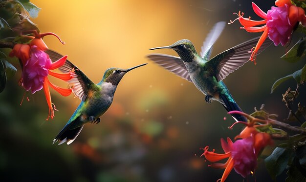 Photo hummingbirds hover next to flowers in the background