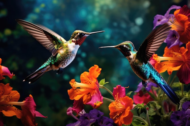 Hummingbirds hovering over brightly colored flowers A painting of two birds with blue and green feathers Ai generated