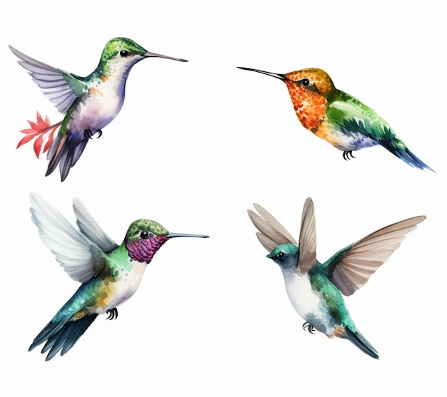 Foto insieme dell'acquerello di colibrì di colibrì su sfondo bianco.