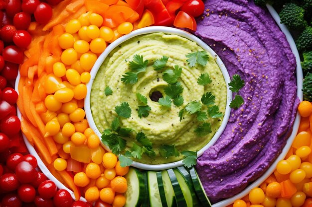 Photo hummus arranged in a rainbow of colors using different vegetable dips