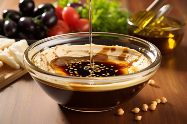 Foto hummus spruzzato con glassa balsamica o miele per aggiungere sapore