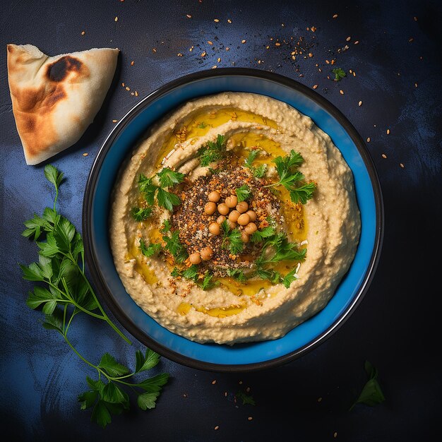 Photo hummus in blue ceramic bowl