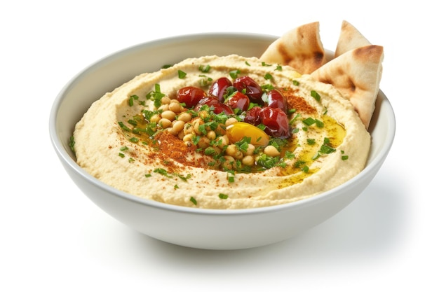 Foto una ciotola di hummus su sfondo bianco.