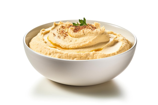 Foto ciotola di hummus su sfondo bianco