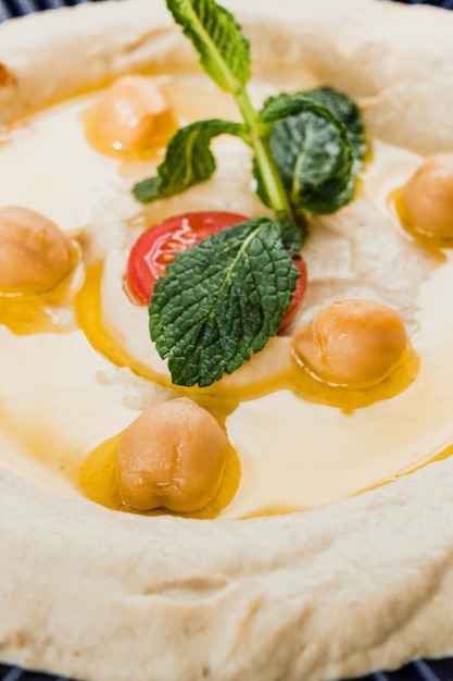 Hummus close-up, traditional mediterranean recipe.