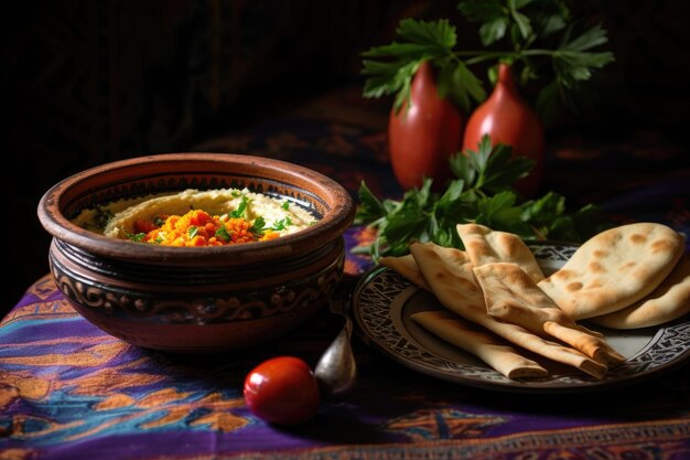 Hummus in a colorful ceramic bowl with pita bread