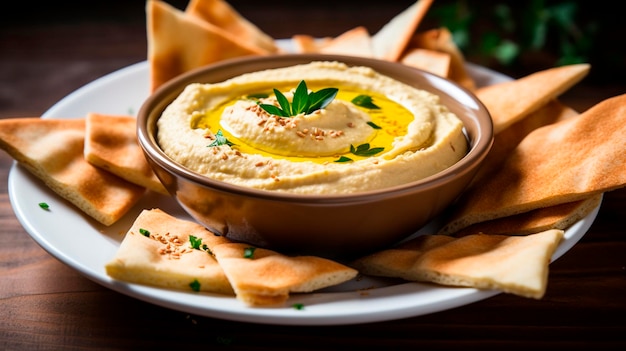 Hummus en platbrood op de tafel Selectieve focus voedsel