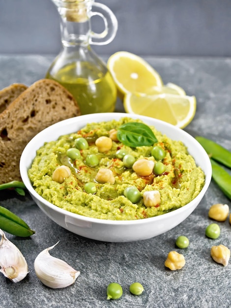 Hummus from green peas in bowl with bread on granite table