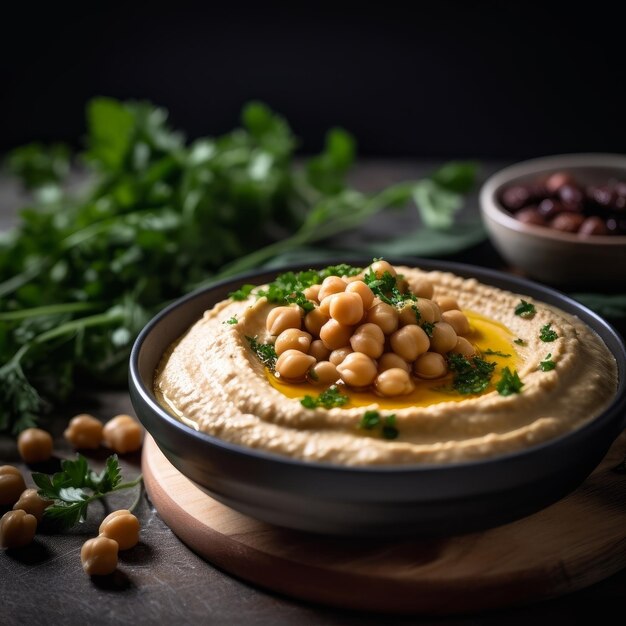 Foto hummus guarnito con ceci e prezzemolo fresco