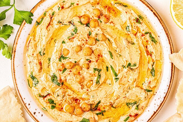 Foto hummus gemaakt van kikkererwten met kruiden en peterselie op een bord