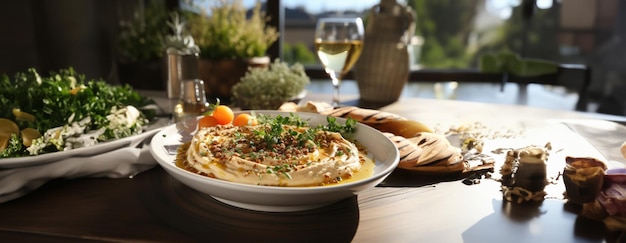 Foto hummus in een houten bord met peterselie en croutons gerechten van kikkererwten een vegetarisch gerecht ai