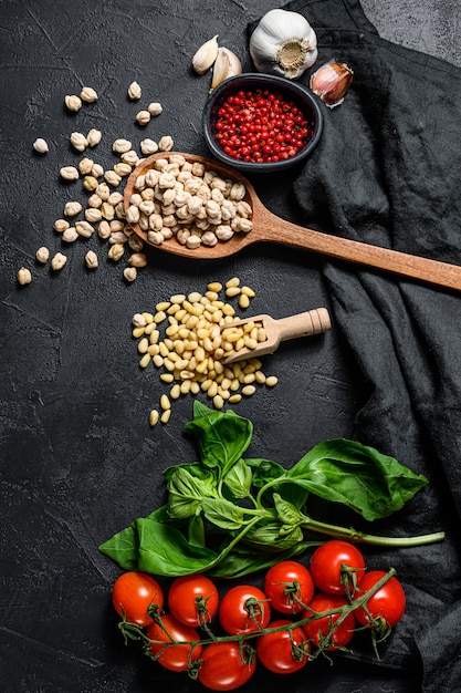 Hummus ingredients, garlic, chickpeas, pine nuts, Basil, pepper. 