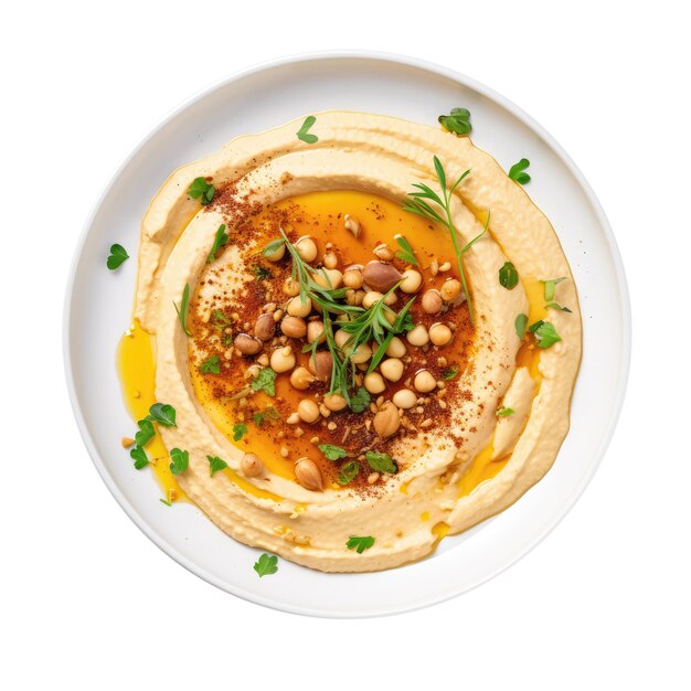 Хумус израильской кухни на белой тарелке
