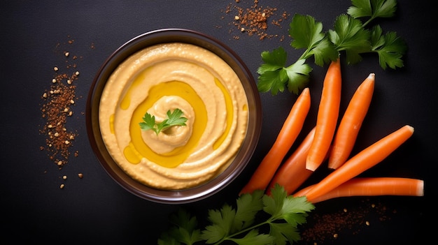 Hummus met wortelstokjes Top View over wit hout AI Generative