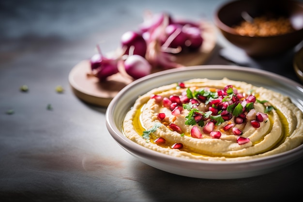 hummus served with red onions on the grey table with copy space