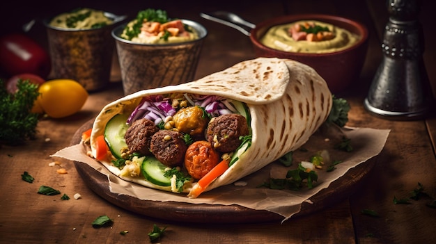 Hummus and vegetables in a vibrant falafel wrap Generative AI