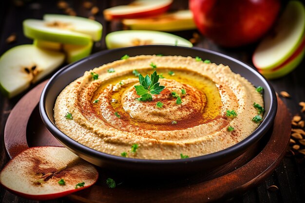 Foto hummus werd geserveerd als dip voor zoete lekkernijen zoals appelsnijden of pretzels