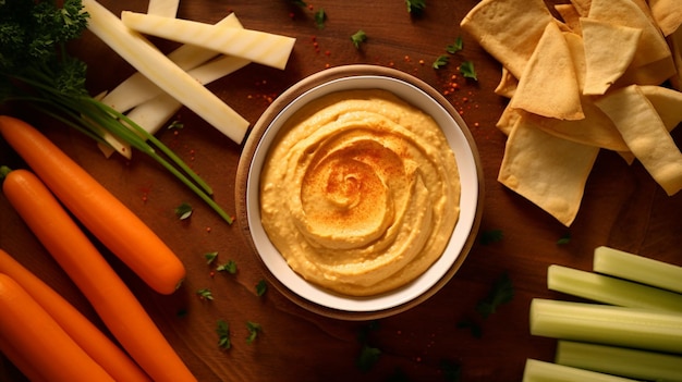 Hummus with Carrot Sticks Top View over white timber AI Generative