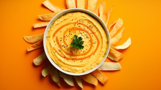 Hummus with Carrot Sticks Top View over white timber AI Generative