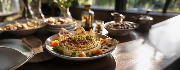 Photo hummus in a wooden plate with parsley and croutons dishes of chickpeas a vegetarian dish ai