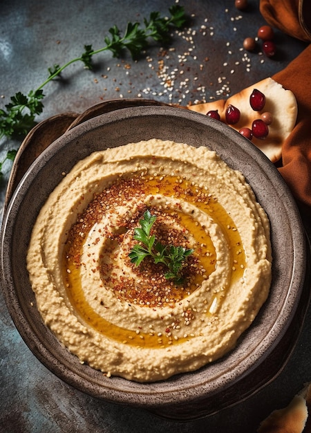 Hummusgerecht op een bord op tafel achtergrond gerechten van kikkererwten een vegetarisch gerecht