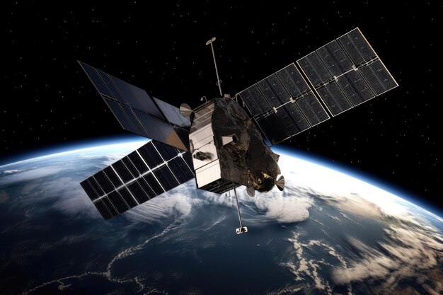 Огромный спутник с солнечными панелями и антеннами, видимыми на низкой орбите вокруг Земли
