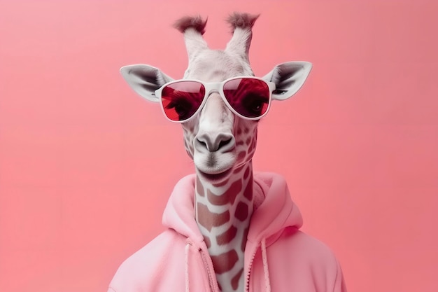 Foto giraffa umoristica con occhiali e felpa con cappuccio su uno sfondo pastello il concetto di uno scherzo di moda e stile ai generativa