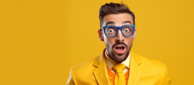 Humor handsome mask april businessman glasses business yellow adult person guy young party red men face funny males concept portrait expression caucasian emotion background