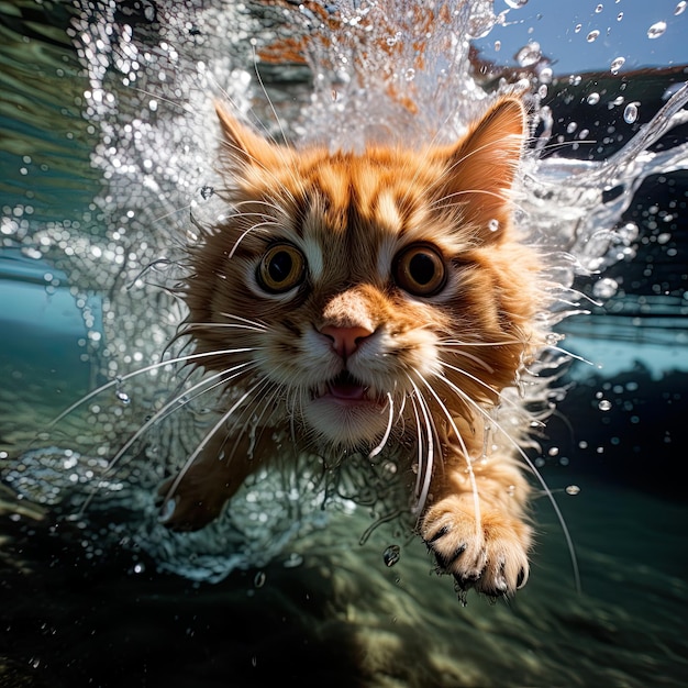 Humoristische karikatuur van kat die onderwater generatieve Ai zwemt