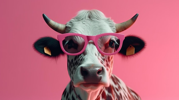Humoristische Koe die Zonnebril in Roze Studioachtergrond draagt