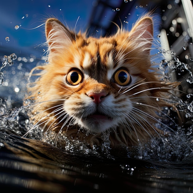 Humorous Caricature of Cat Swimming Underwater Generative Ai