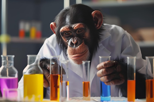 Humorous chimpanzee in science lab coat conducting experiments with test tubes Concept Primate Research Chimpanzee Experiments Science Lab Coat Test Tube Observations