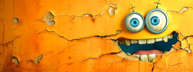 Humorous d cartoon monster peeking through cracked yellow wall